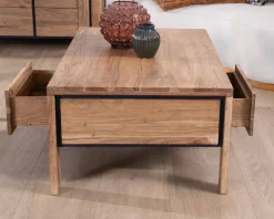 Table de salon rectangulaire recto-verso acacia massif avec tiroirs et contour noirs 