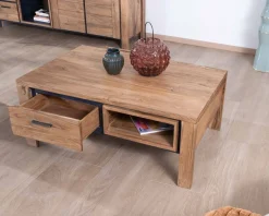 Table de salon rectangulaire recto-verso acacia massif avec tiroirs et contour noirs 