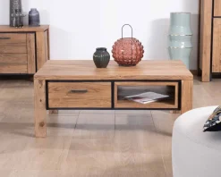 Table de salon rectangulaire recto-verso acacia massif avec tiroirs et contour noirs 