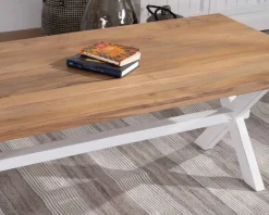 Table de salon rectangulaire en acacia et pied blanc style champêtre "Trégastel"