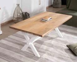 Table de salon rectangulaire en acacia et pied blanc style champêtre 
