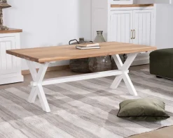 Table de salon rectangulaire en acacia et pied blanc style champêtre 