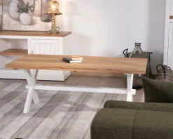 Table de salon rectangulaire en acacia et pied blanc style champêtre 