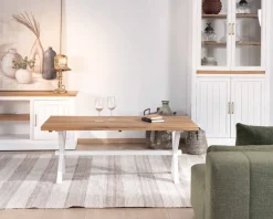 Table de salon rectangulaire en acacia et pied blanc style champêtre 