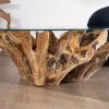 Table de salon ronde 110 cm en racine de teck massive avec plateau verre "Kanoa"