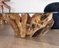 Table de salon ronde 110 cm en racine de teck massive avec plateau verre "Kanoa"