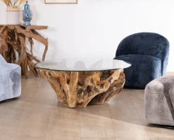 Table de salon ronde 110 cm en racine de teck massive avec plateau verre "Kanoa"