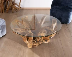 Table de salon ronde 110 cm en racine de teck massive avec plateau verre 