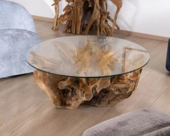 Table de salon ronde 110 cm en racine de teck massive avec plateau verre 