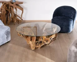 Table de salon ronde 110 cm en racine de teck massive avec plateau verre 