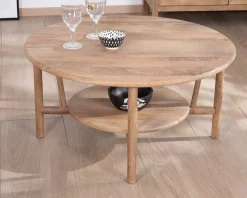 Table de salon ronde à double plateau en manguier "Plume" Diamètre 90 cm