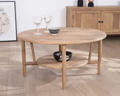 Table de salon ronde à double plateau en manguier "Plume" Diamètre 90 cm