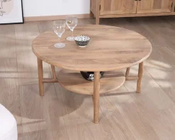 Table de salon ronde à double plateau en manguier 