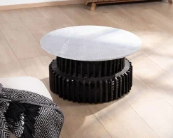 Table de salon ronde en bois recyclé et plateau en pierre claire "Népalaise"