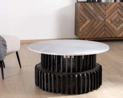Table de salon ronde en bois recyclé et plateau en pierre claire 
