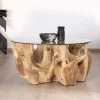 Table de salon ronde en racine de teck naturel avec plateau verre "Jungle"