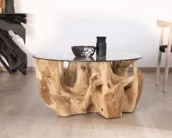 Table de salon ronde en racine de teck naturel avec plateau verre "Jungle"