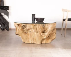 Table de salon ronde en racine de teck naturel avec plateau verre "Jungle"