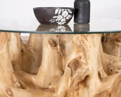 Table de salon ronde en racine de teck naturel avec plateau verre 