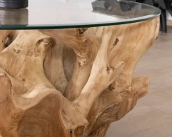 Table de salon ronde en racine de teck naturel avec plateau verre 