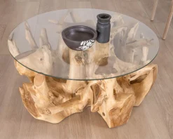 Table de salon ronde en racine de teck naturel avec plateau verre 