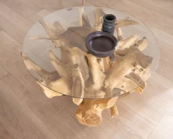 Table de salon ronde en racine de teck naturel avec plateau verre 