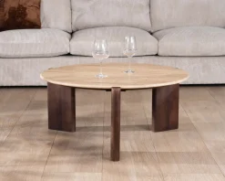 Table de salon ronde en travertin et manguier "Archipel" 90 cm