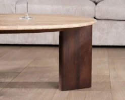 Table de salon ronde en travertin et manguier "Archipel" 90 cm