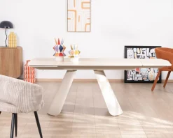 Table extensible 160 à 240 cm rétro chic "Amarello" en pierre frittée et métal champagne