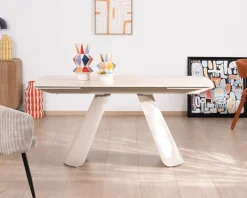Table extensible 160 à 240 cm rétro chic "Amarello" en pierre frittée et métal champagne