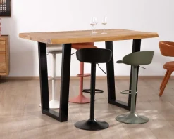 Table haute style atelier en teck recyclé massif “Lasia” avec piètement métal noir en U