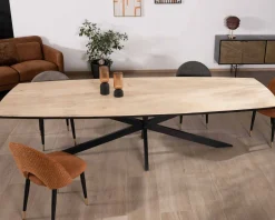Table rectangulaire manguier massif 200cm bords biseautés noirs et pieds métal 3D 