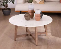 Table ronde marbre 90 cm avec pieds obliques en manguier massif "Lor"