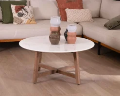Table ronde marbre 90 cm avec pieds obliques en manguier massif "Lor"