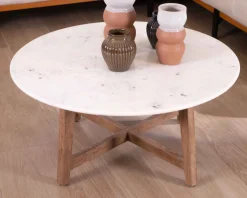 Table ronde marbre 90 cm avec pieds obliques en manguier massif 