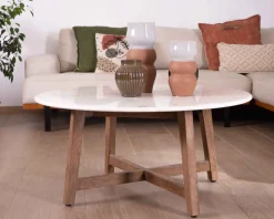 Table ronde marbre 90 cm avec pieds obliques en manguier massif 