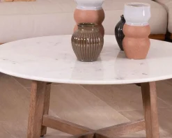 Table ronde marbre 90 cm avec pieds obliques en manguier massif 