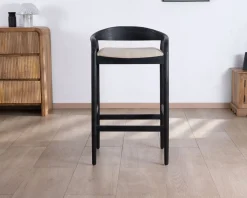 Tabouret de bar noir design avec dosseret bois et assise rembourrée "Vogue"