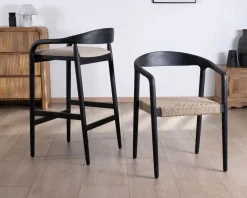 Tabouret de bar noir design avec dosseret bois et assise rembourrée "Vogue"
