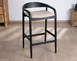 Tabouret de bar noir design avec dosseret bois et assise rembourrée 