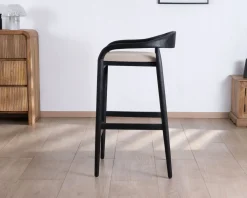 Tabouret de bar noir design avec dosseret bois et assise rembourrée 