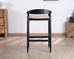 Tabouret de bar noir design avec dosseret bois et assise rembourrée 