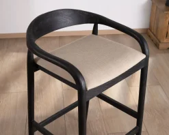 Tabouret de bar noir design avec dosseret bois et assise rembourrée 