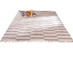 Tapis rectangulaire blanc avec franges et rayures bleues "Ethnic" 120x180 cm