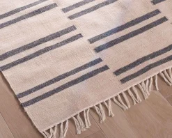 Tapis rectangulaire blanc avec franges et rayures bleues 