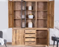 Vaisselier contemporain 180 cm en manguier avec porte centrale vitrée "Presolino"