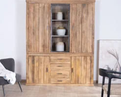 Vaisselier contemporain 180 cm en manguier avec porte centrale vitrée 