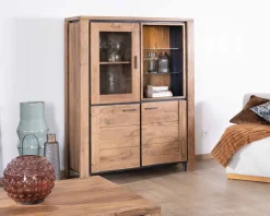 Vaisselier contemporain acacia massif relief noir 3 portes et niche avec étagères verres "Fantaisie"