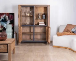 Vaisselier contemporain acacia massif relief noir 3 portes et niche avec étagères verres "Fantaisie"