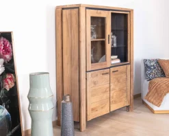 Vaisselier contemporain acacia massif relief noir 3 portes et niche avec étagères verres 